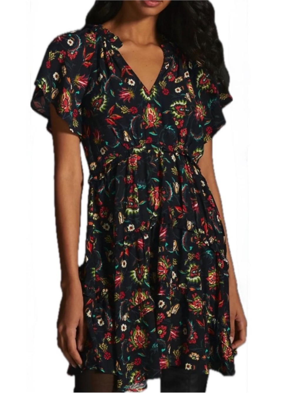 Anthropologie Robin Tiered Mini Dress XS Black Floral Flutter Sleeve
